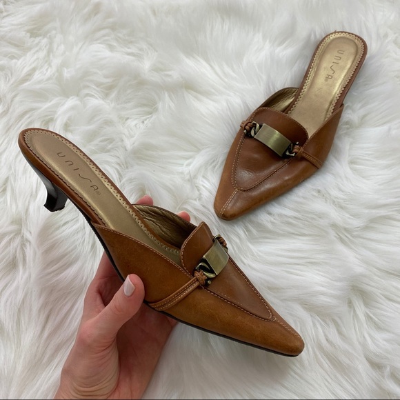 Unisa Shoes - Unisa Genuine Leather Brown Pointed Mule Heels 8.5
